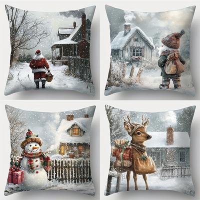 Christmas Scene Pillows Santa Snowman Deer Cottage Polyester Pillowcase, Sofa Decorative Cushion Cov Headboard Pillow