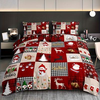 3Pcs Christmas Reindeer & Plaid Duvet Cover Set - Includes 1 Duvet Cover And 2 Pillowcases, Breathable Polyester Christmas Gift