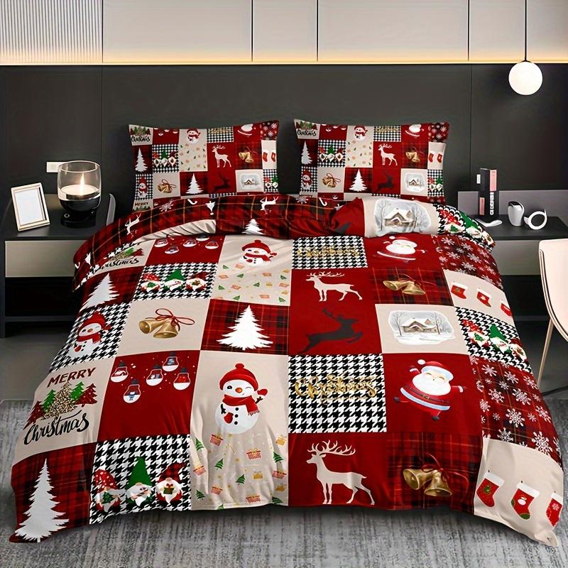 

3pcs Christmas Reindeer & Plaid Duvet Cover Set - Includes 1 Duvet Cover and 2 Pillowcases, Breathable Polyester Christmas Gift Duvet Cover Set&EU Single(135x200cm)