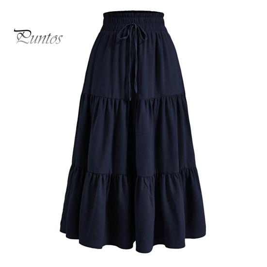 Stil boem fustă de vară pentru femei, talie înaltă elastică, cu cordon reglabil, culoare solidă, linie A