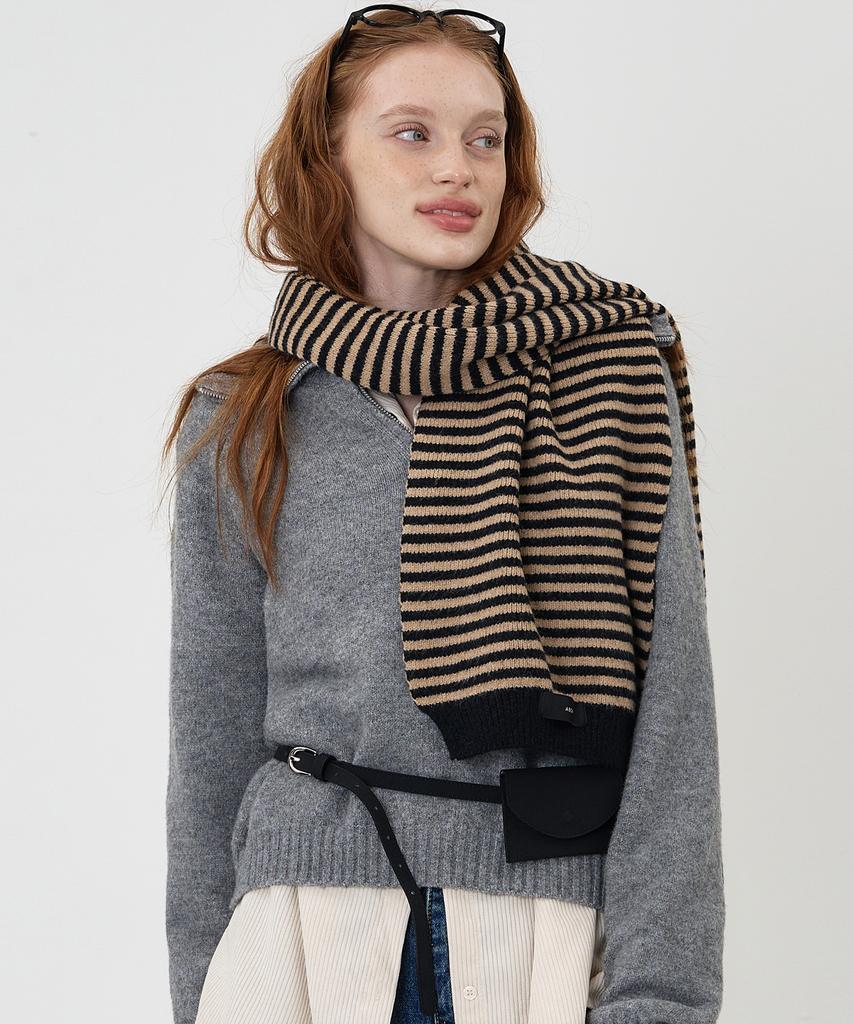 THE-ABON Classic Striped Knit Scarf Navy