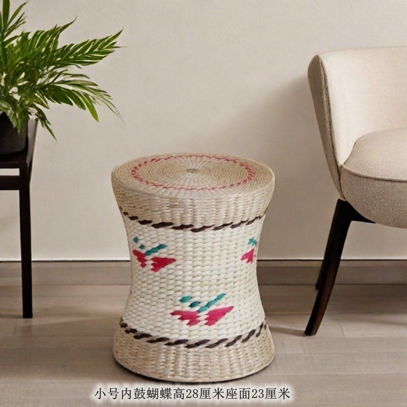 Round Rattan Ottoman Seat Cushion Handmade, Tatami Footstool, Tea Table Stool for Living Room, Low Height Chair
