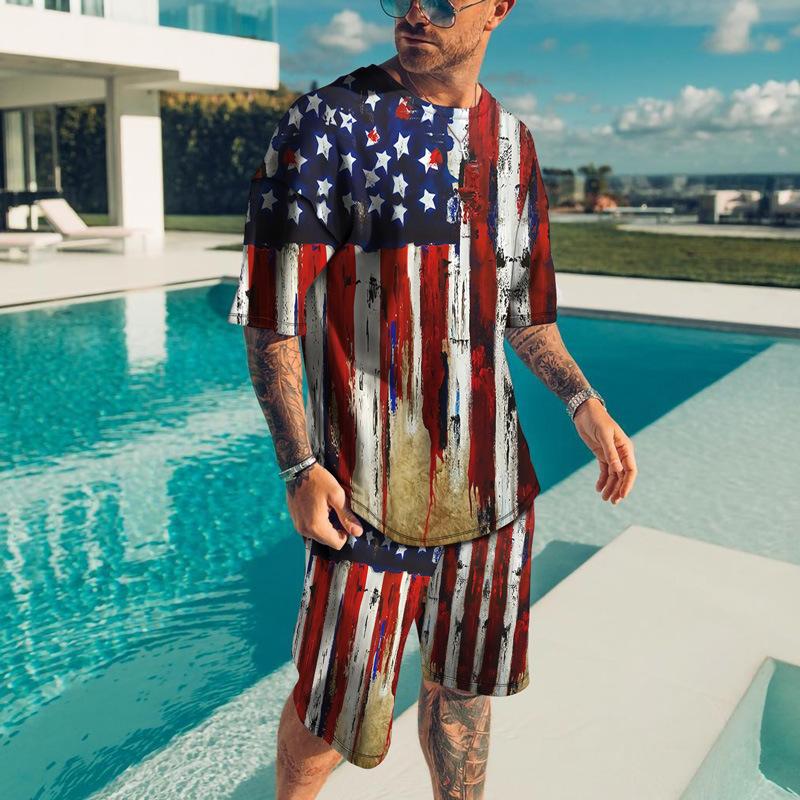 Vintage Style Men's Beach Shorts Set 3D USA Flag Print Short Sleeve T-shirt+Shorts 2 Pcs Set Summer Oversized Tracksuit Suit