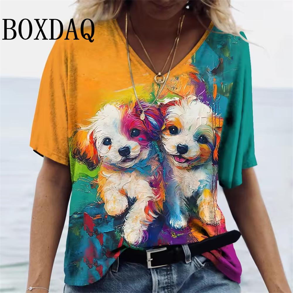 Cartoon T-shirt Women's Short Sleeve Summer Outdoor Casual V-Neck Short Sleeve Tops Oil Painting Puppy Print Plus Size Clothing