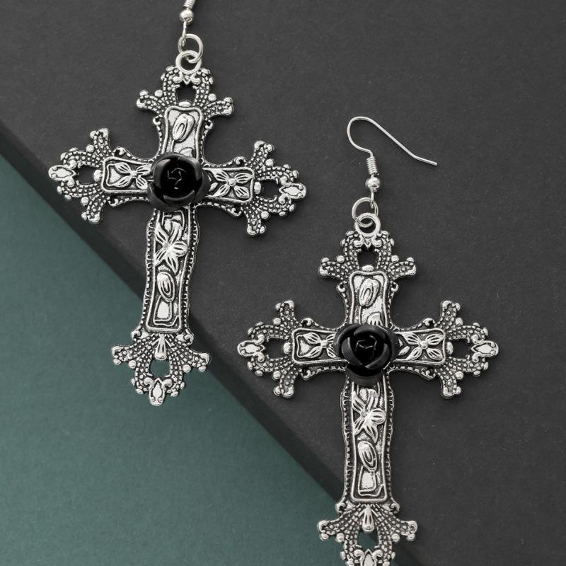 Gothic Dark Rose Cross Earrings Pendant with High-end Aesthetic