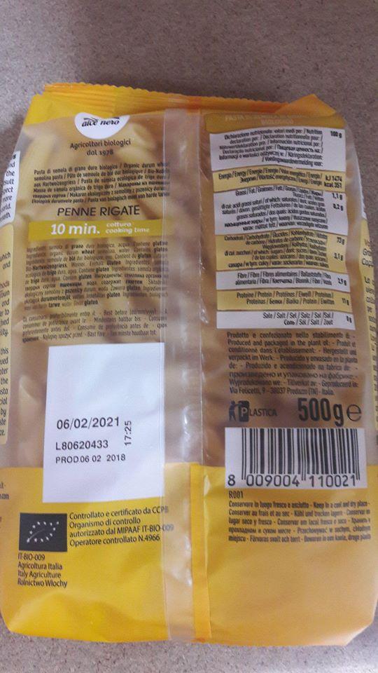 Bio těstoviny Penne trubičky z krupice Alce Nero 500 g