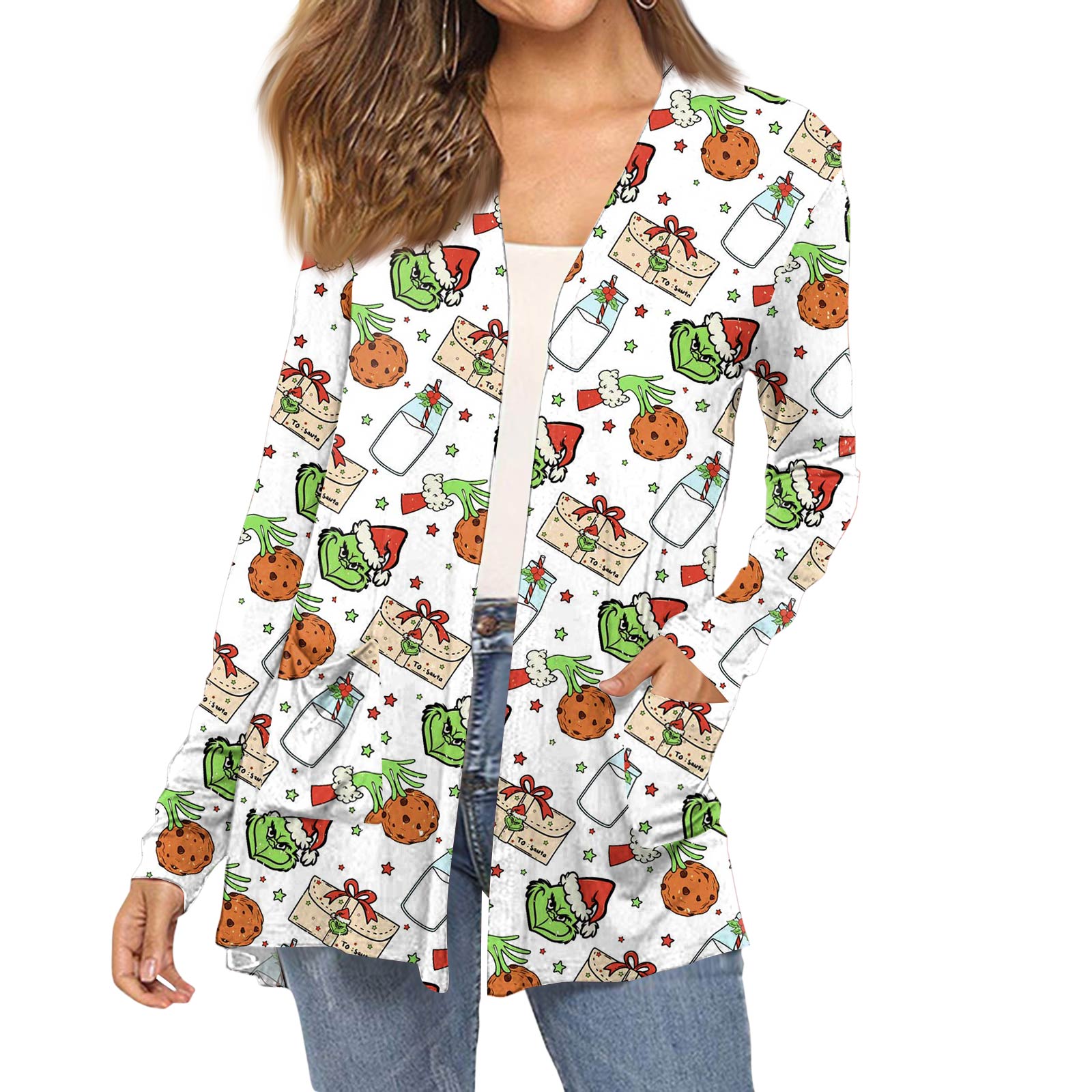 

Женский модный кардиган-пальто с длинным рукавом, карманами, приталенного силуэта и рождественским принтом XL белый