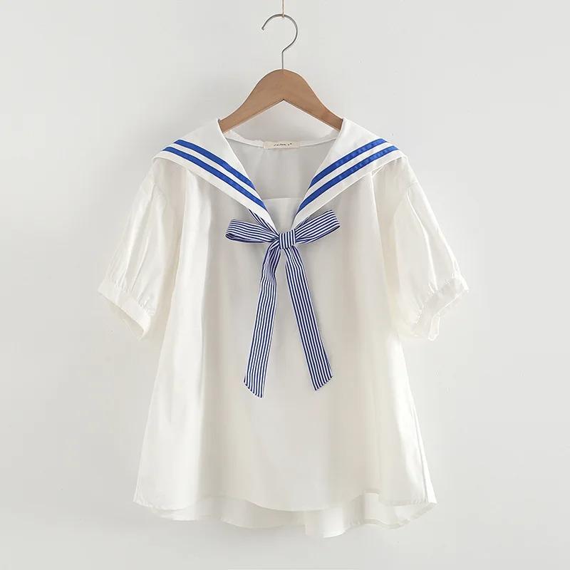 Camisas Femininas de Verão Blusas Brancas com Laço Manga Curta Gola Marinheiro Feminina Pulôver Solto Roupas Japonesas