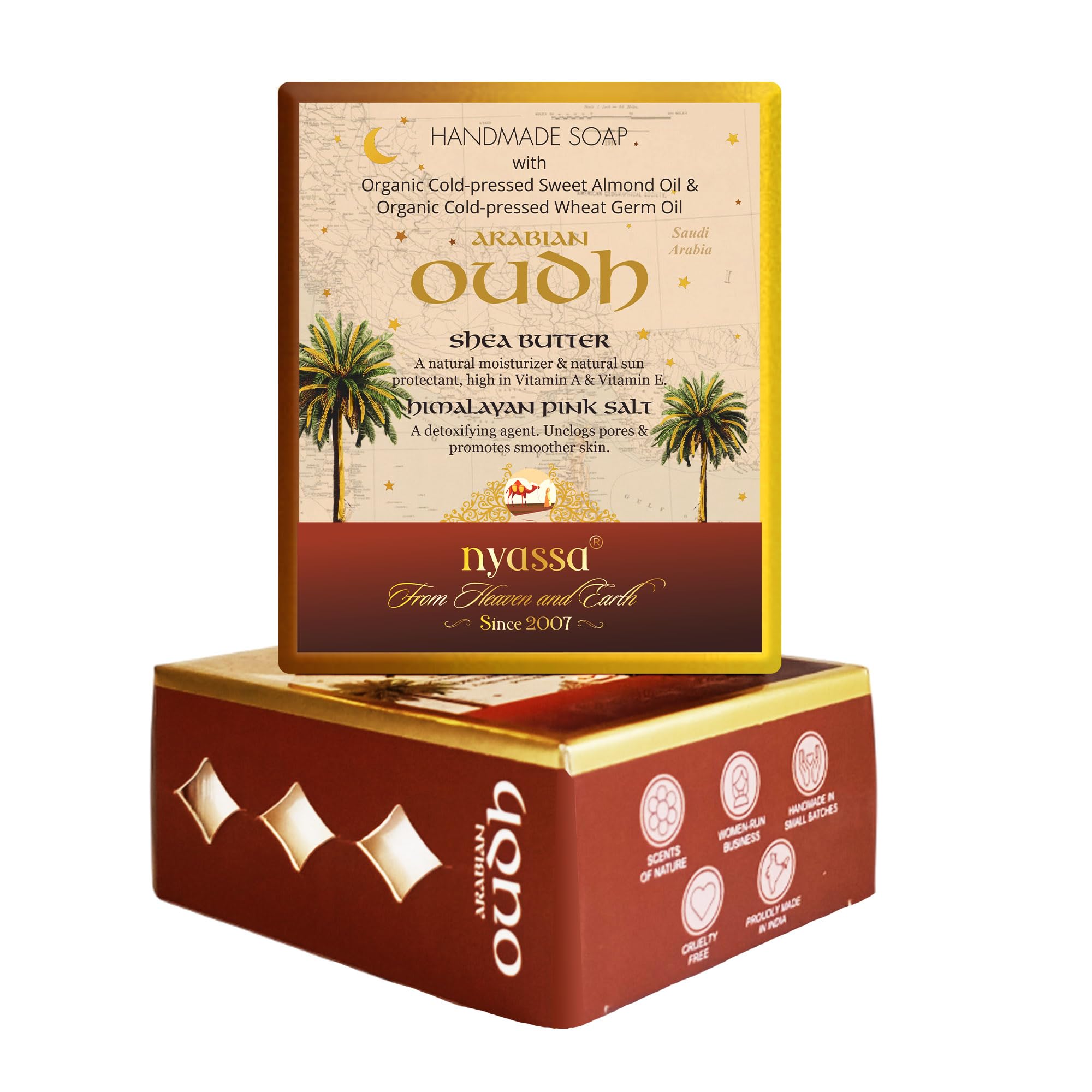 NYASSA Premium Arabian Oudh Handmade Natural Bathing Soap-150grm | Shea Butter, Organic Sweet Almond Oil | Oud Fragrance | Moisturizer | Smooth & So