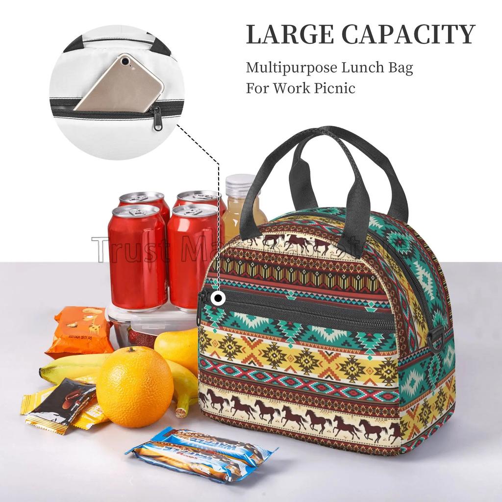 Isolierte Lunchtasche mit ethnischem Muster Pferde Geometrisch Bento-Tasche Wiederverwendbare Thermos-Lunchbox mit verstellbarem Schultergurt