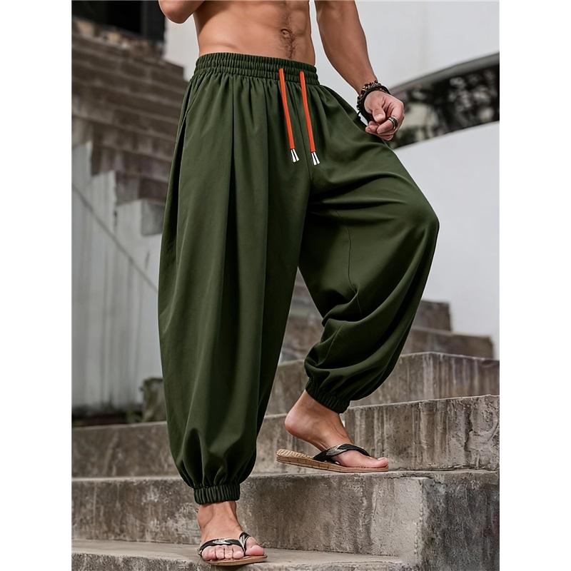 Men's Loose-fit Harem Pants, Elastic Drawstring Waist, Non-stretch Casual Lantern Trousers, Lightweight Quick-dry