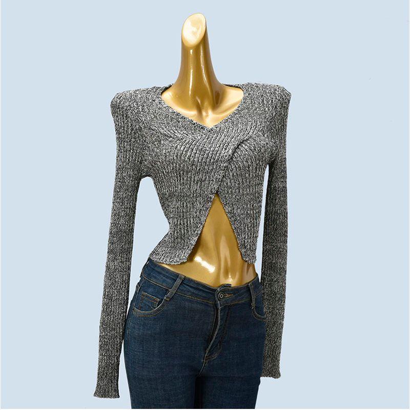 Chic and Beautiful Cross V-neck Sexy Knitwear Women's Autumn New Arrival Long Sleeves Short Inner Padded Shoulder Tops