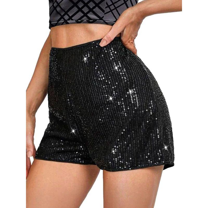 Solid Color Sequin Straight Leg Shorts Pure Color Sequins Plus Size Straight Shorts Female