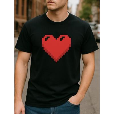 European Sizes Versatile Men'S T-shirt | Pixel Heart Print, All-season Casual Style, Easy and Fashionable, Crew Neck, Regular Fit