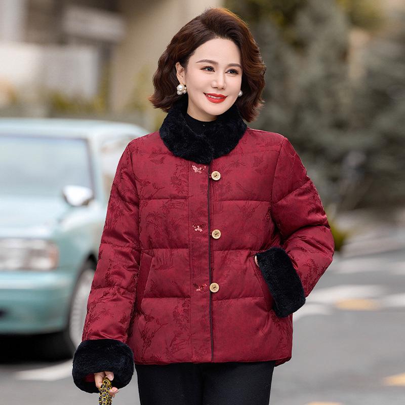 Plus-Thick Cotton-Padded Winter Jacket for Middle-Aged and Elderly Women with Stand-Up Collar