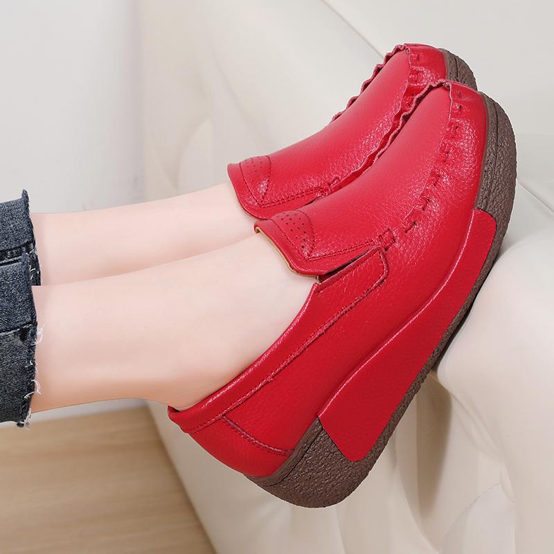 Spring and Summer Women Fashion Loafers Genuine Leather Moccasins Autumn Slip-on Casual Round Toe Wedge Platform Rocking Shoes