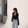 Women's Fall Tops Slim Lace Trim Deep V Neck Bell Sleeve Crop Shirt Casual Streetwear