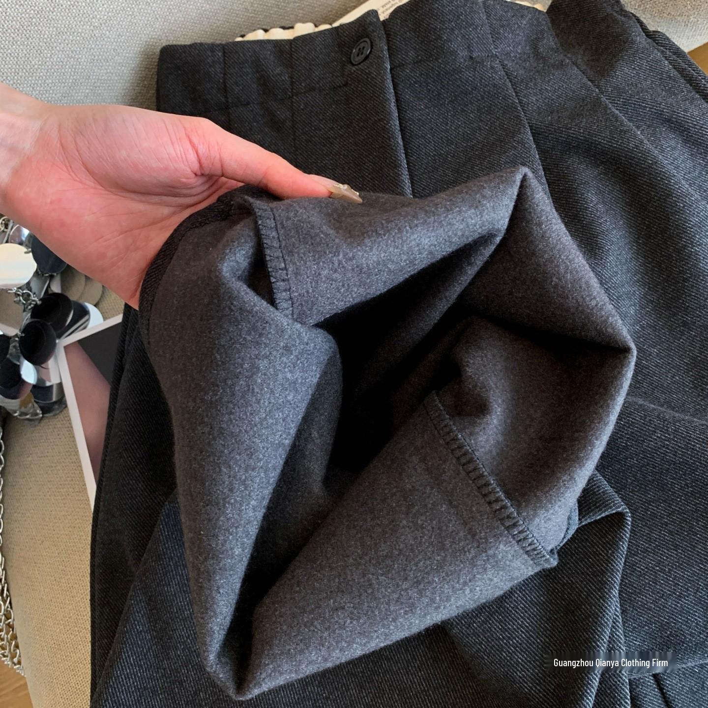 Women s Dark Grey Plush Woolen Wide-Leg Pants: Winter Relaxed Fit with Pear Shape Drape Medium