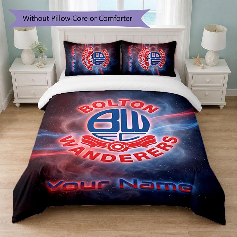 Bolton Wanderers FC Individuelles Namens-Text-Bettwäscheset 1 Bettbezug+2 Kissenbezüge Fußball-Logo Personalisierte Geschenkidee für besondere Anlässe Schlafzimmerdekoration