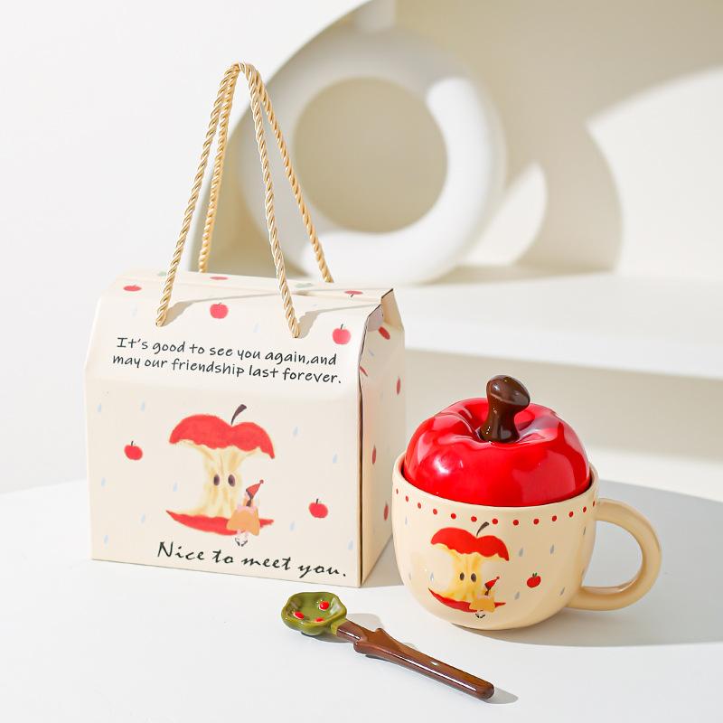 New Year Gift Gifts From Friends Elders Retro Apple Cup with Lid with Spoon Mug Gift Box for Best Friend Birthday Gift