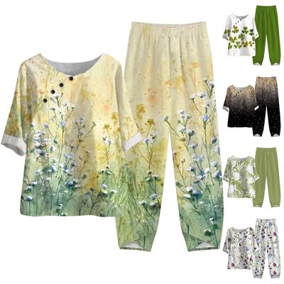 Women's Fashion Casual Summer Half Sleeve Printed Top Elastic Waist Nine Points Pants Two-piece Suit