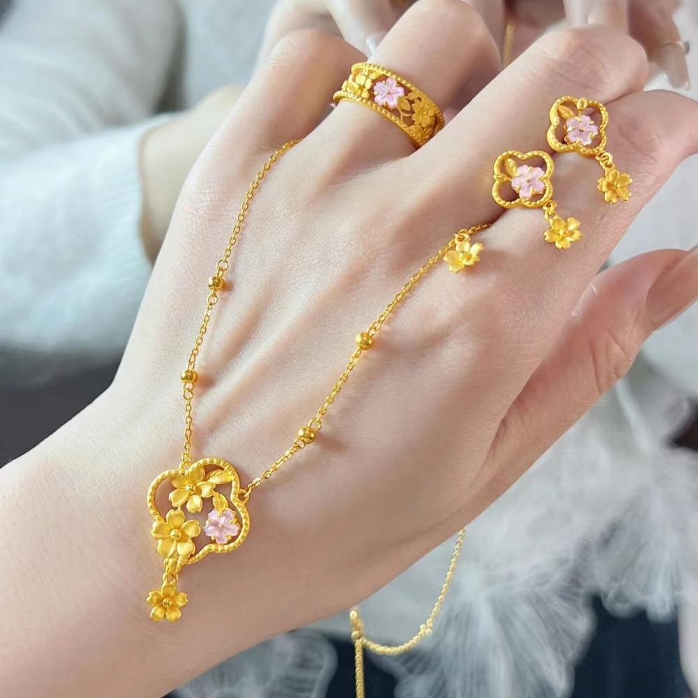 Bridal Jewelry Set for Women Cherry Blossom Pink Necklace Gold Ring Tassel Earrings New Chinese Style Wedding Jewelry
