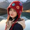 Handmade crocheted ear protection hat women's autumn and winter ethnic style colored flower knitted hat fringed strap ball bag head wool hat