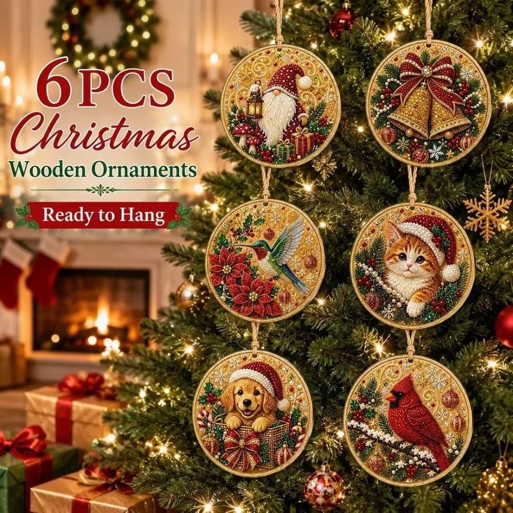 6Pcs Wooden Base Wooden Christmas Ornaments Set Xmas Tree DIY Craft Kit Christmas Party