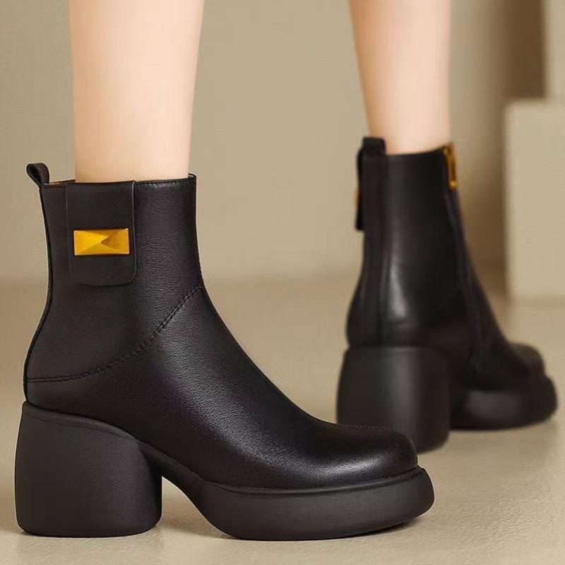 Chunky Round Toe Woman Short Shoes Autumn Winter Leather Booties Elegant with Medium Heels Ankle Boots for Women New in Pu Boot