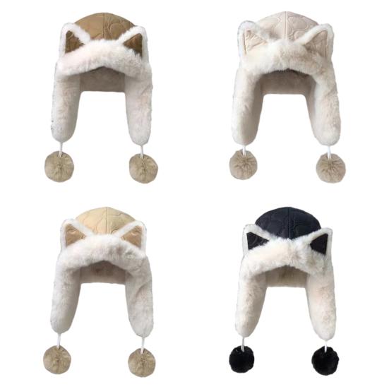 Lei Feng Hat Soft Plush Fox Ear Design Warm Imitation Rex Rabbit Fur Velvet Lined Adjustable Elastic Fit Riding Hat