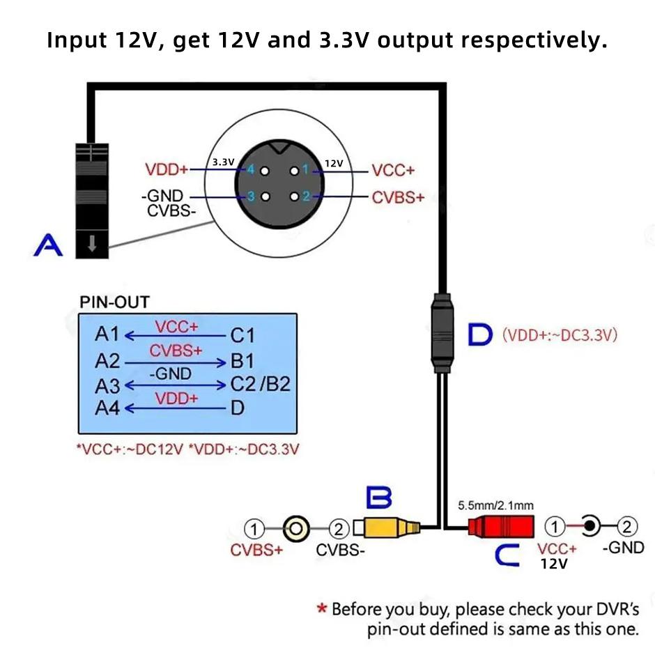 4 Pin To RCA Female Adapter Cable Harness Cord for Car Reverse Backup Camera, Transmits Video Signal and Power Supply
