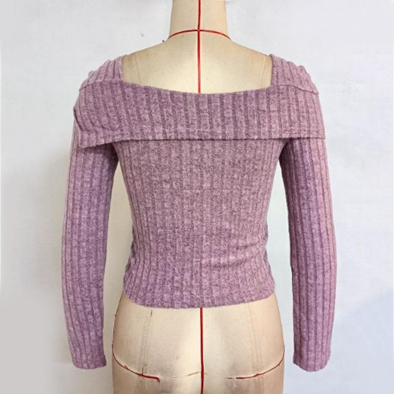 Spring Women's Square Neck Long Sleeve Solid Color Knit Single Breasted Blouse