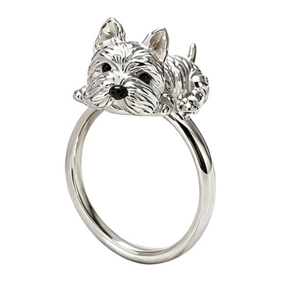 Yousheng Hand-Engraved Puppy Ring with Rhinestone Inlay, Polished Alloy Finish Finger Ring, Puppy Jewelry Gift for Dog Lovers