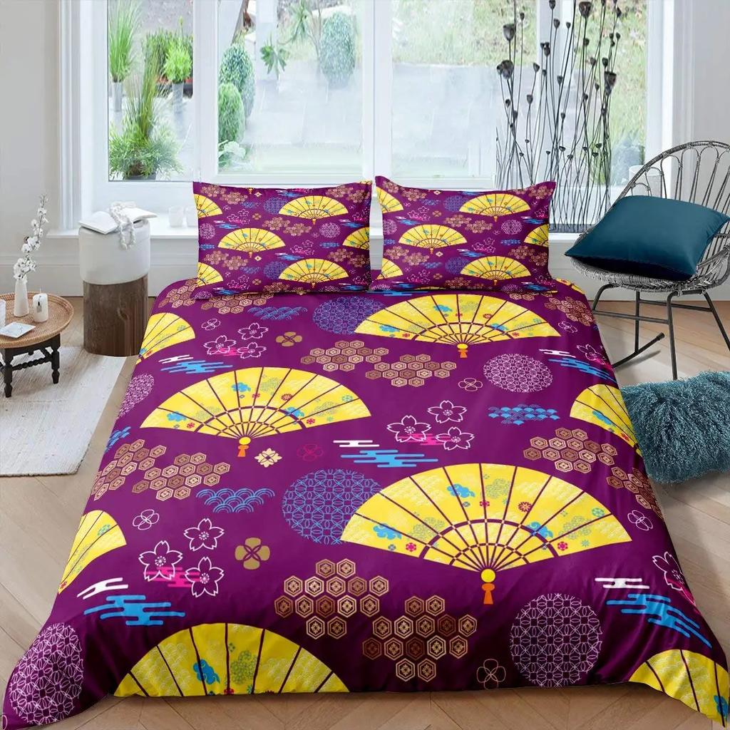 Japanese Style Duvet Cover Koi Fish Cherry Ukiyo-E Geisha Quilt Cover Sun Crane Polyester Japanese Culture Theme Bedroom Decor