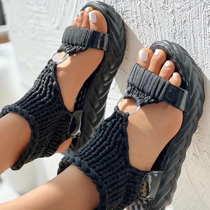 Fashion Women Sandals Hot Seller Raided Elastic Summer Shoes 2025 New Knitted Sandals Women BMesh Flat Bottom Hollow Out Female Sandals