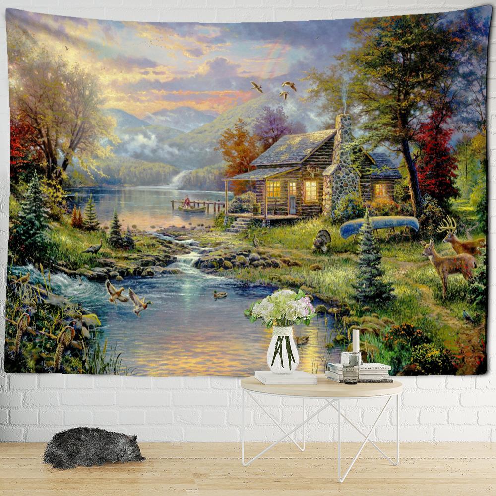 Christmas Snowy Night Travel Map Tapestry Wall Hanging Psychedelic Forest House Illustration Home Living Room Decor