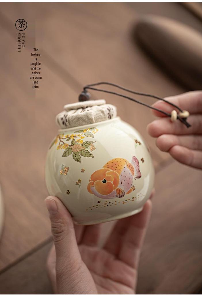 Ceramic Wood Ash Tea Caddy: Moisture-Proof, Fresh-Keeping Storage Jar for Goldfish Design