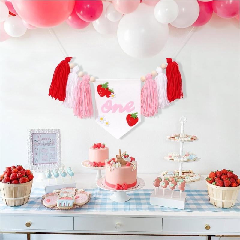 Pink White Birthday Chair Piece for Baby Photo Time, First Birthday Fabric Trim Cloth with Sweet Fruit Theme Today
