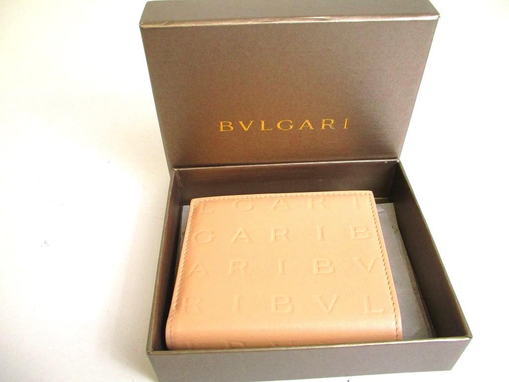 Authentic BVLGARI Logo Infiniteum Pink Beige Leather Bifold Wallet Compact Wallet #b169  Open Box