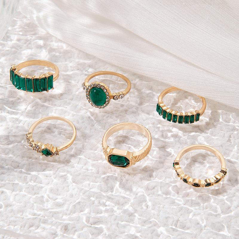 European and American vintage personalized jewelry Green diamond-set six-piece ring set Imitation gemstone light luxury ring set