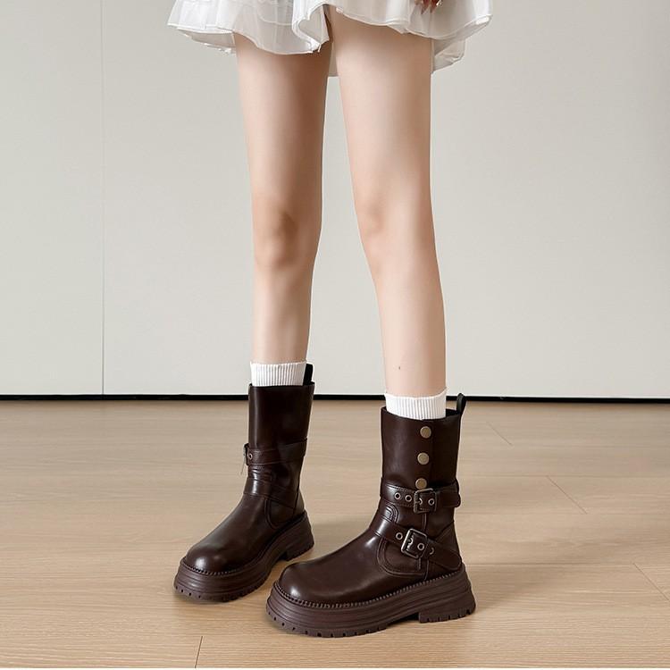 Retro Round Head Versatile Thick Heel Martin Boots 2025 New British Style Belt Buckle Maillard Medium Boots Women