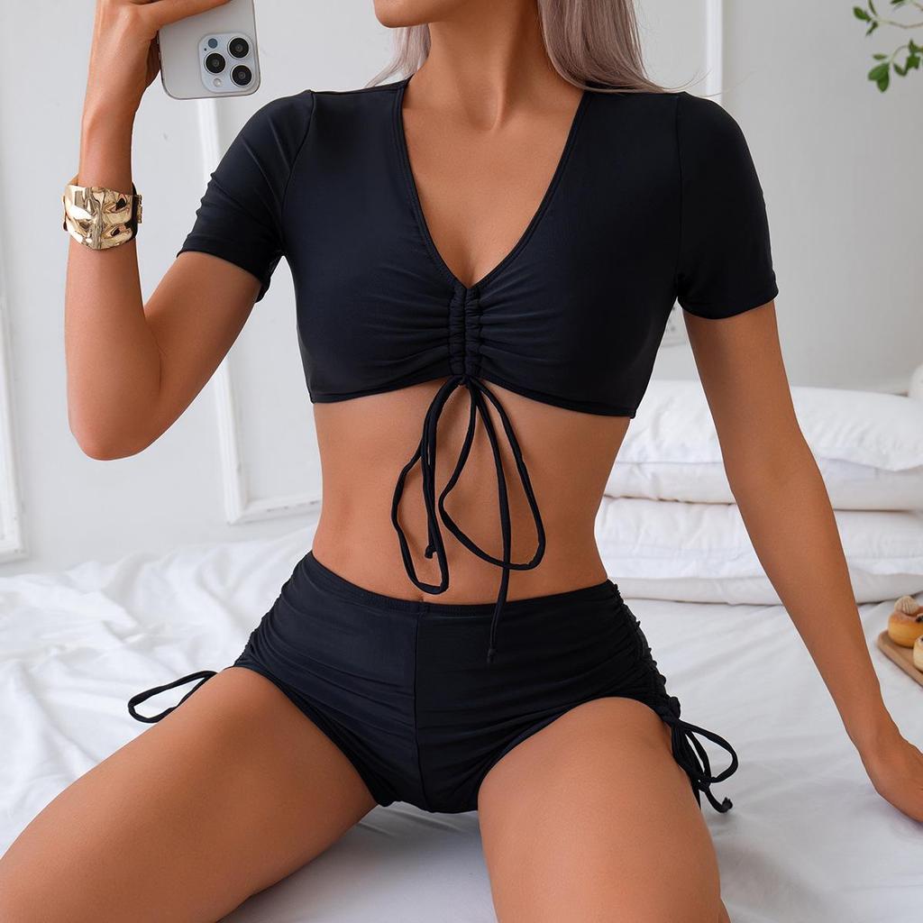 2025 European & American High-Waisted Solid Color Bikini: Sexy Slimming Two-Piece Swimsuit