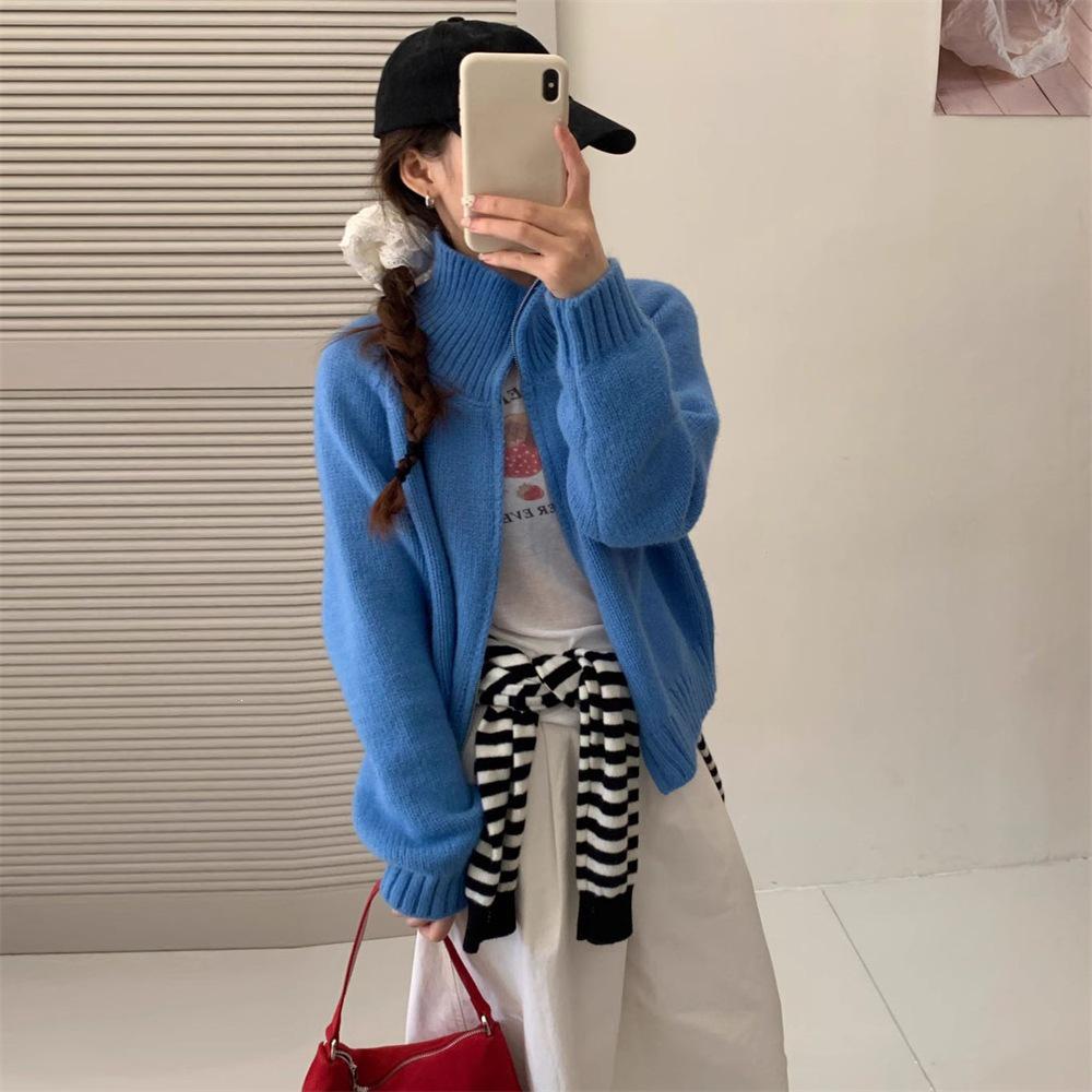 Women's Korean Style Stand Collar Double Zipper Knit Cardigan