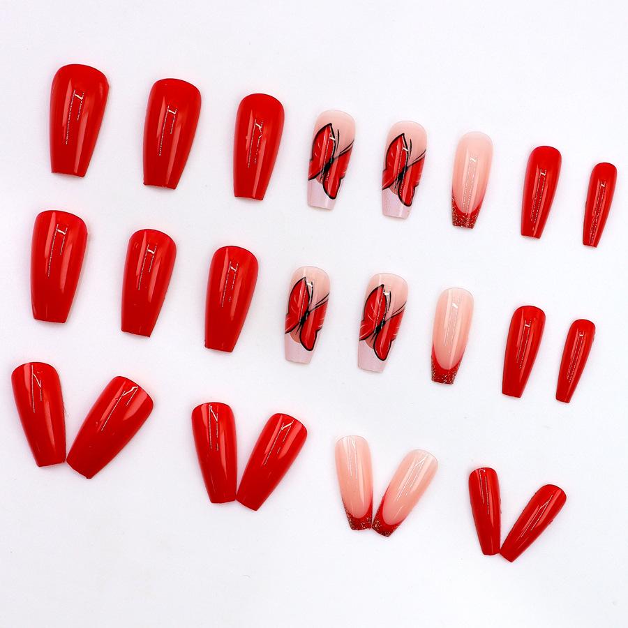 24 Stück rot Ballett Nagelglitzer Französisch Schmetterling Vollfarbe Nagelkunst Stück Temperament Nische elegant tragen Nagel
