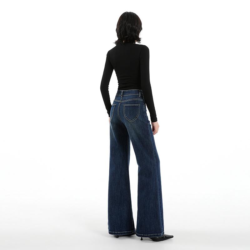 Retro non-stick leg slightly pulled jeans women's autumn and winter new high-waisted elastic loose and thin flared pants