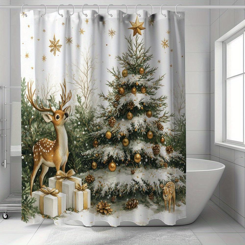 

1Pc Merry Christmas Deer And Tree Print Shower Curtain With Hooks, Machine Washable Polyester For Bathroom Decoration W60H190(CM)-1 Pcs