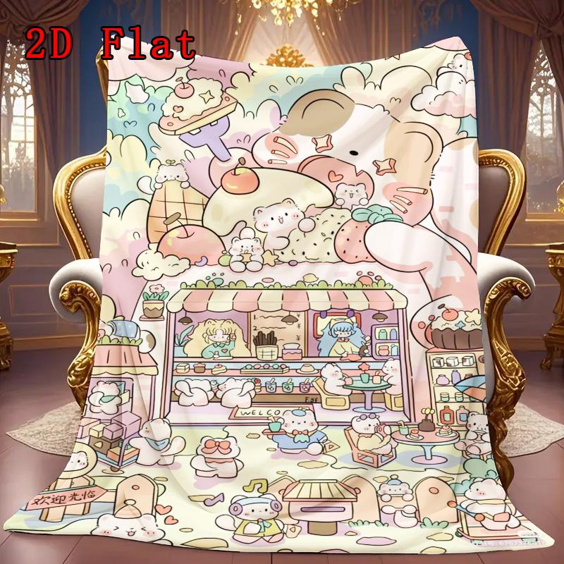 Kawaii Dessert & Animal Wonderland 2D Flat Pattern Flannel Blanket High Quality All Seasons Warmth and Comfort Perfect for Christmas Gifts.