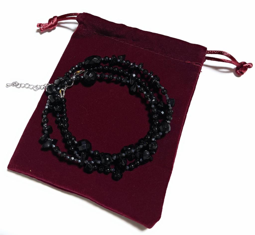 [Malline] Natural Stone Long Necklace: Onyx (Black Gemstone) X Terahertz (Black Silver) - Sophisticated Black / Healing Amulet / Handmade In Japan