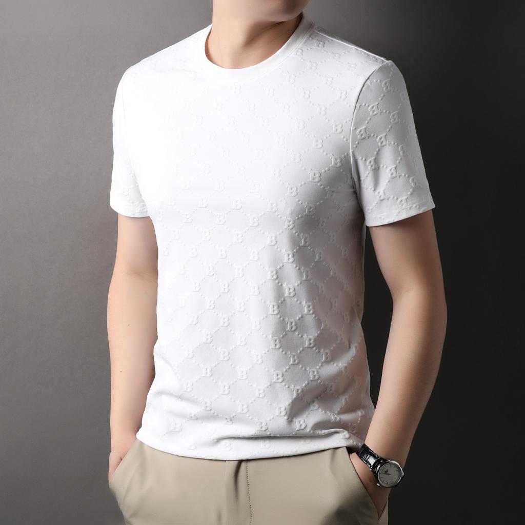 Spring Summer Men's Short Sleeve Jacquard T-shirt Round Neck Loose Fashion Thin Casual Youth Popular Youth