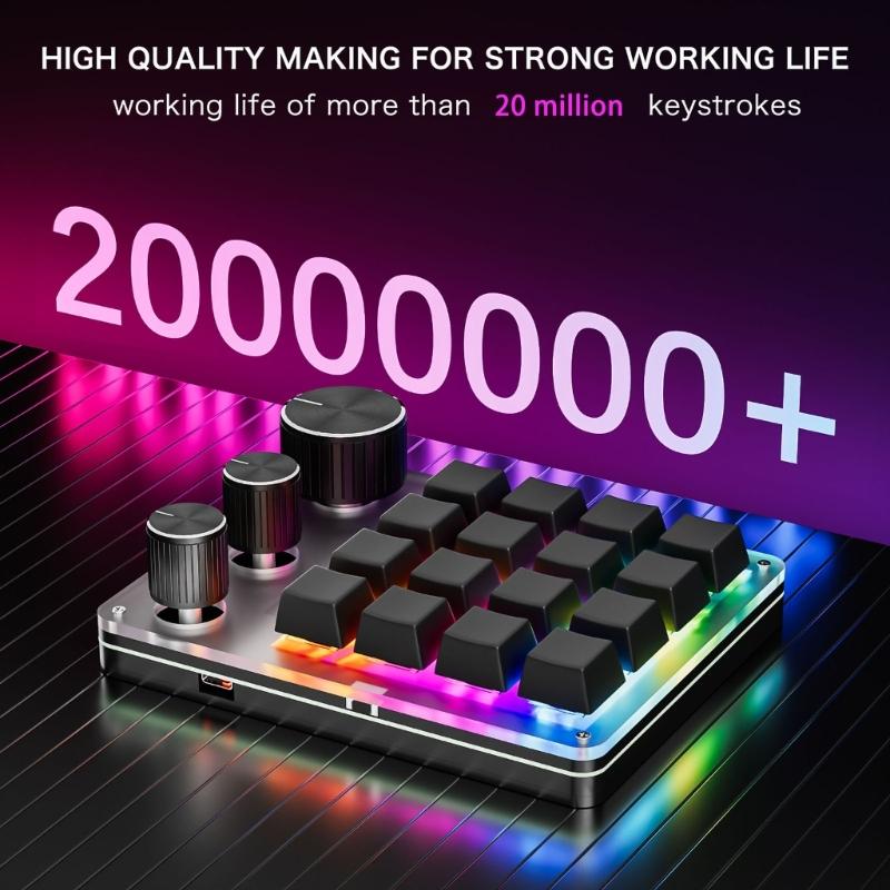 USB C Macro Keypad with 16-Key and 3 Knobs Programmable  Mechanical Gaming Keyboard for Efficiency Gaming and Office